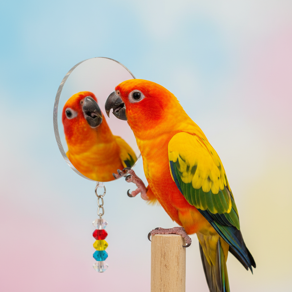 Sun conure parrot playing with acrylic mirror toy