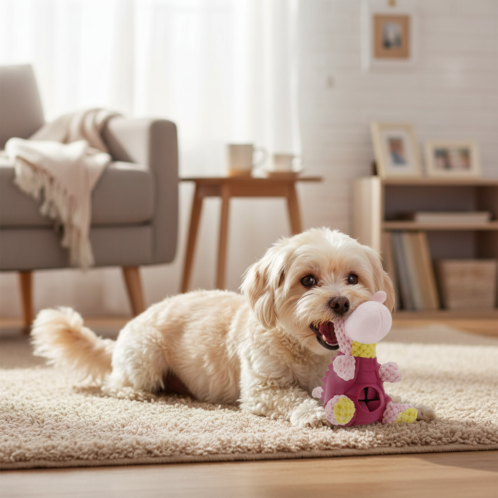 Small dog happily chewing on a pink plush giraffe rubber chew toy