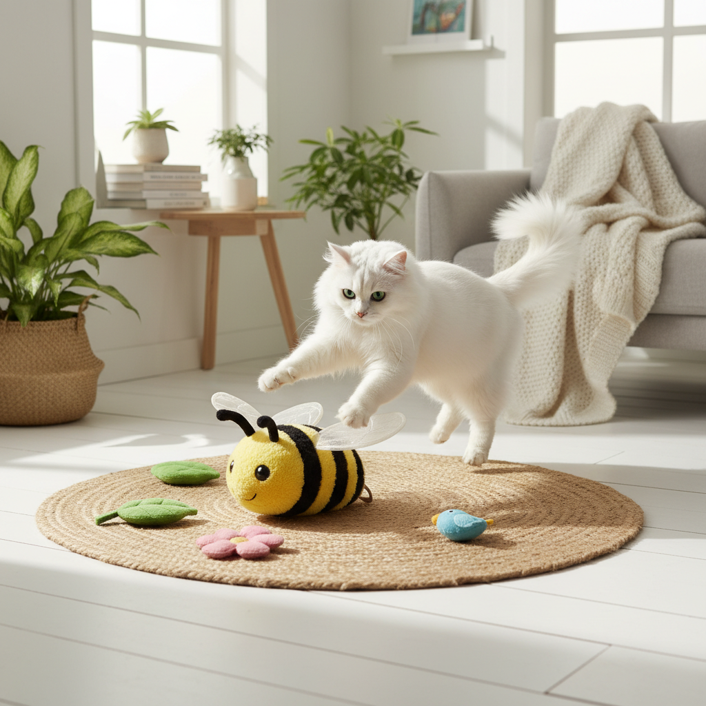 White cat pouncing on yellow bee spring toy set