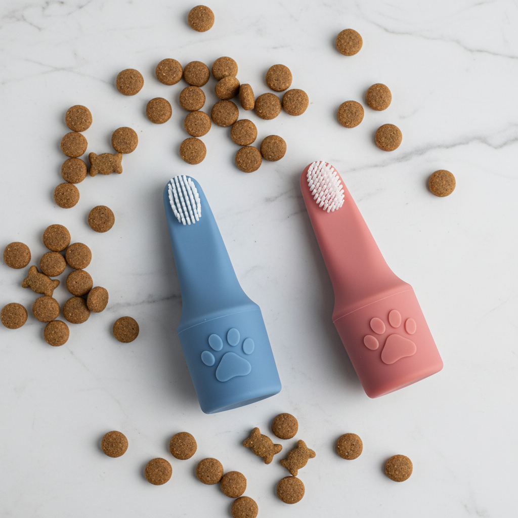 Flat lay of blue and rose red pet finger toothbrushes with cat treats on marble surface