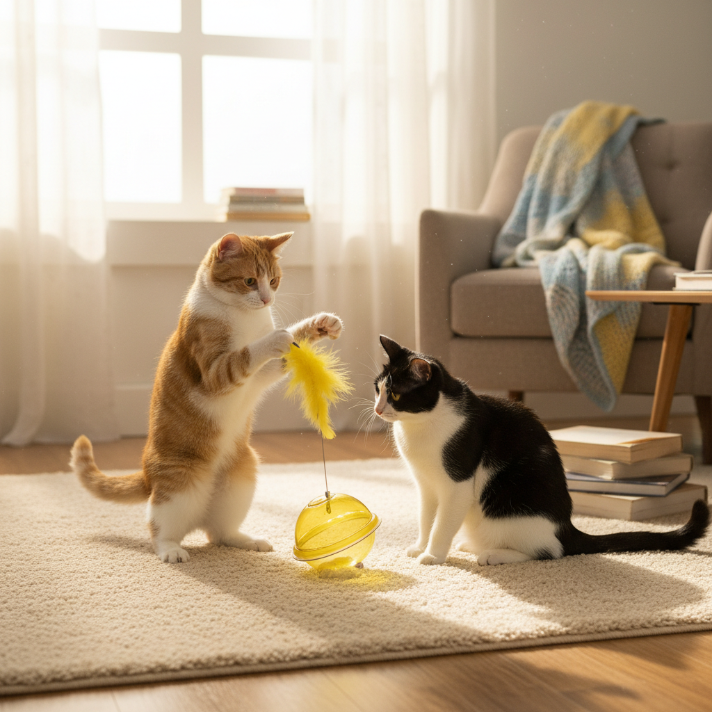 Two cats playing with yellow tumbler feather wand toy together