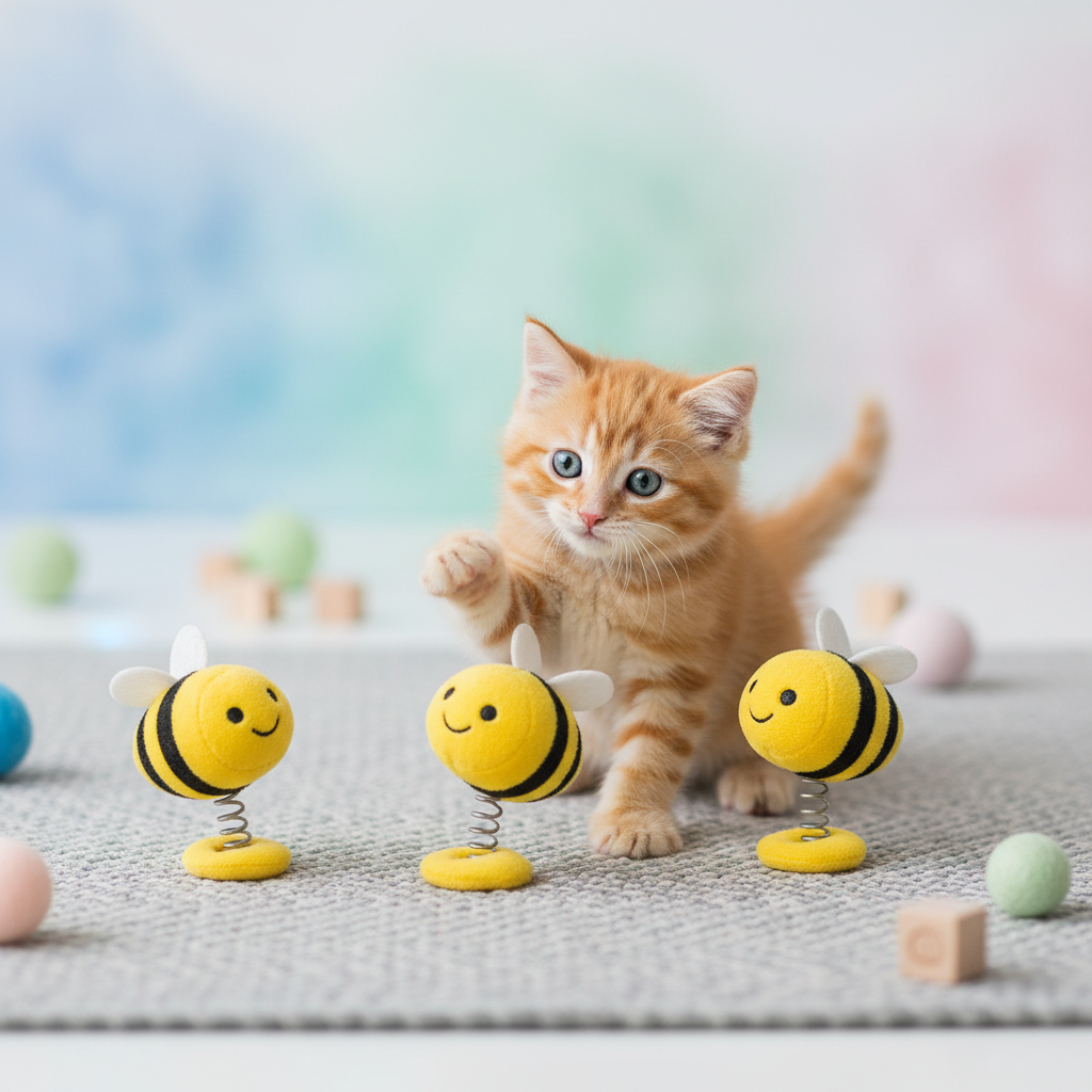 Kitten playing with yellow bee spring dolls