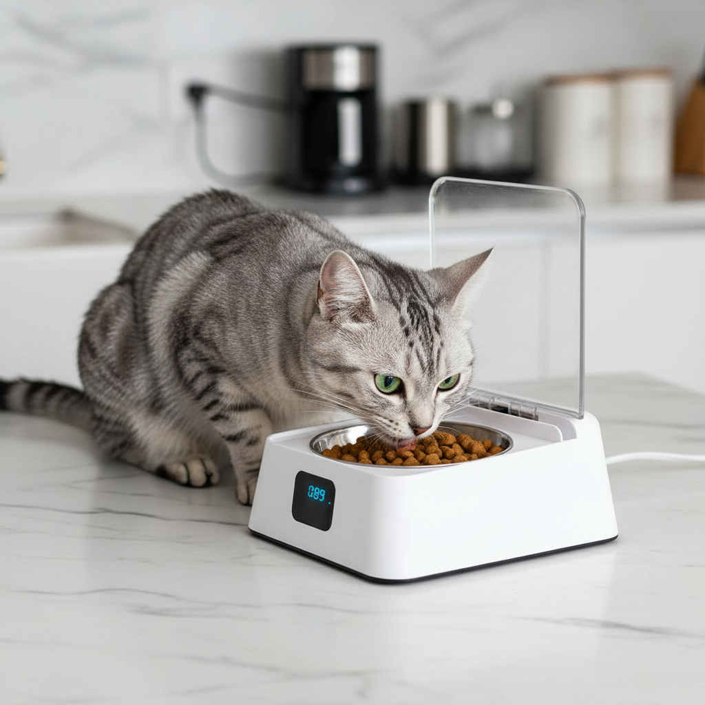 Tabby cat eating from Pet Automatic Feeder