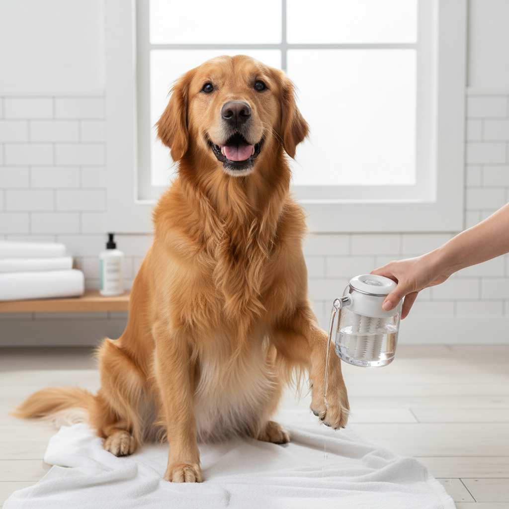 Golden retriever paw washing with electric paw washer