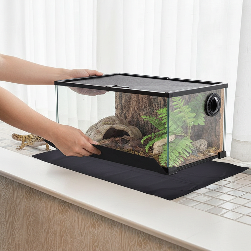 Owner placing black reptile heating mat under glass terrarium