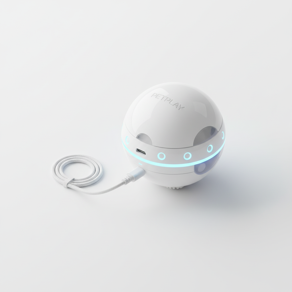 3D isometric render of white smart cat ball with USB charging