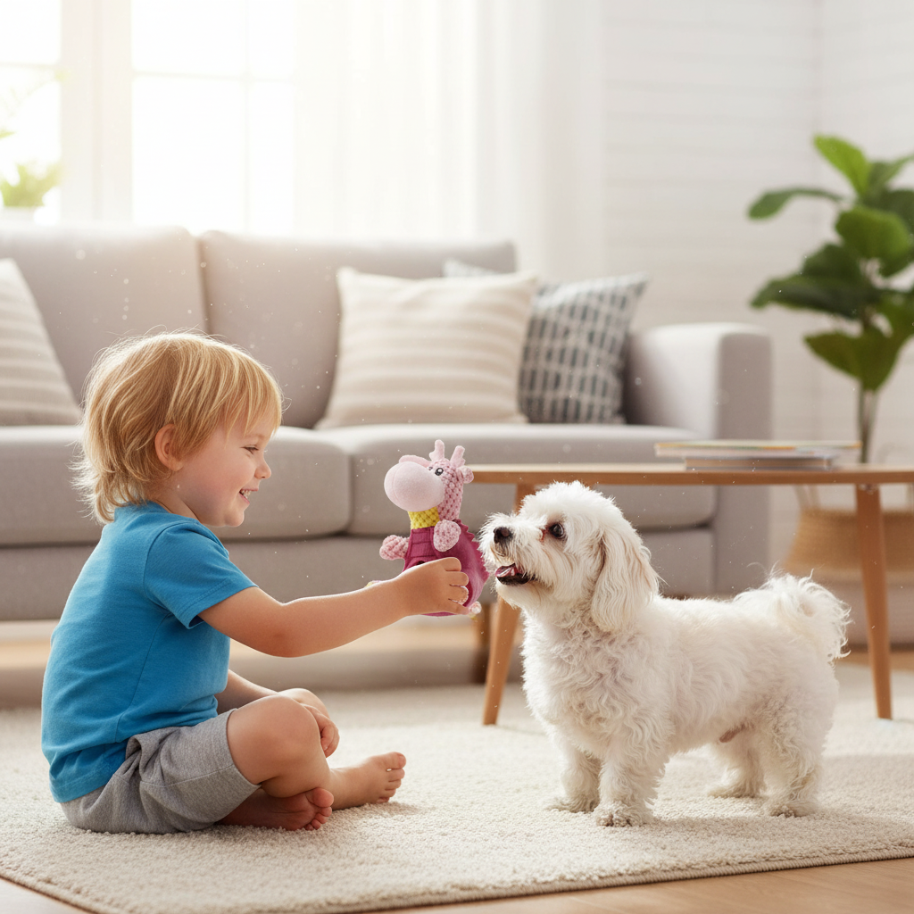 Child giving a pink plush giraffe chew toy to a small fluffy dog