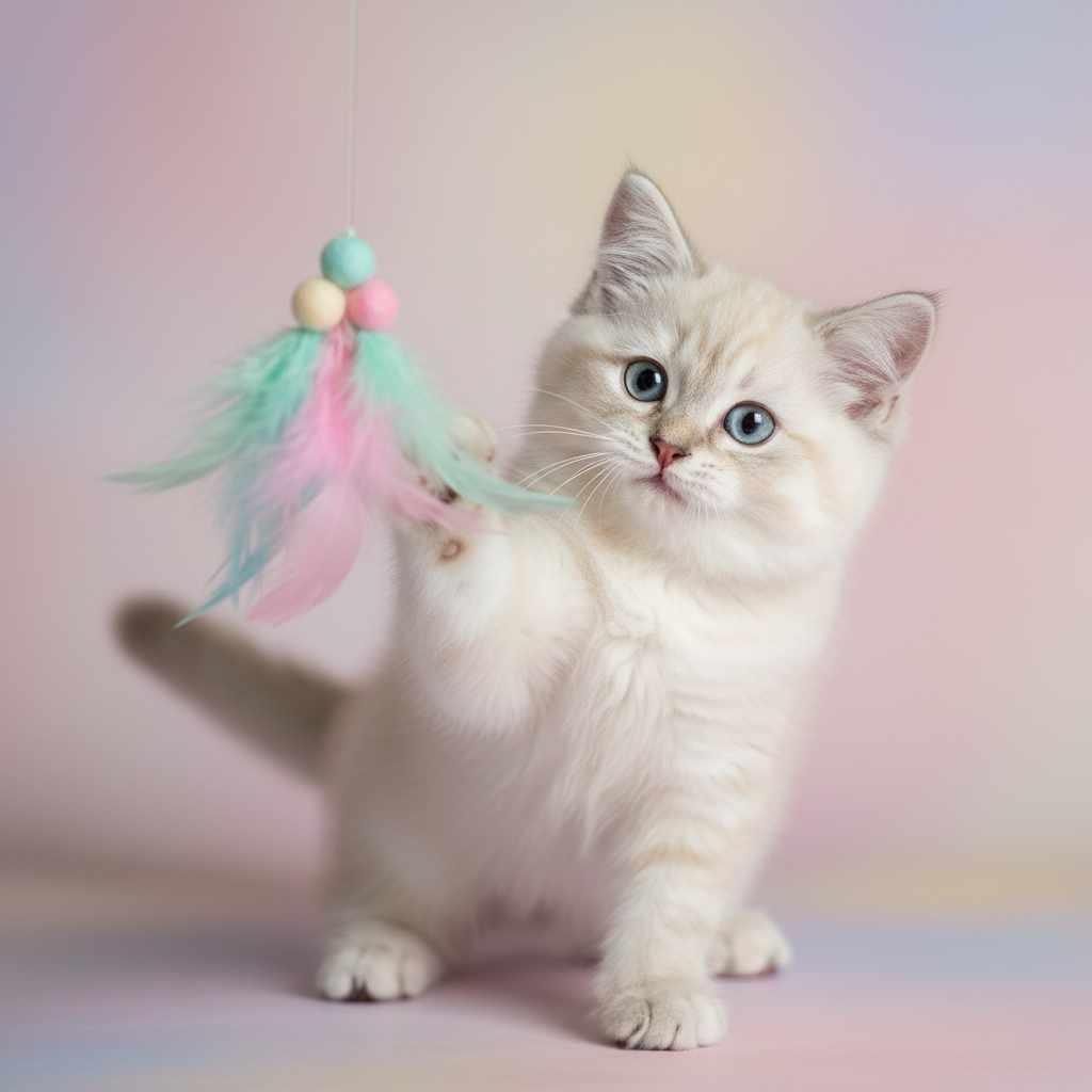 Kitten batting at dangling feather and wool ball string toy