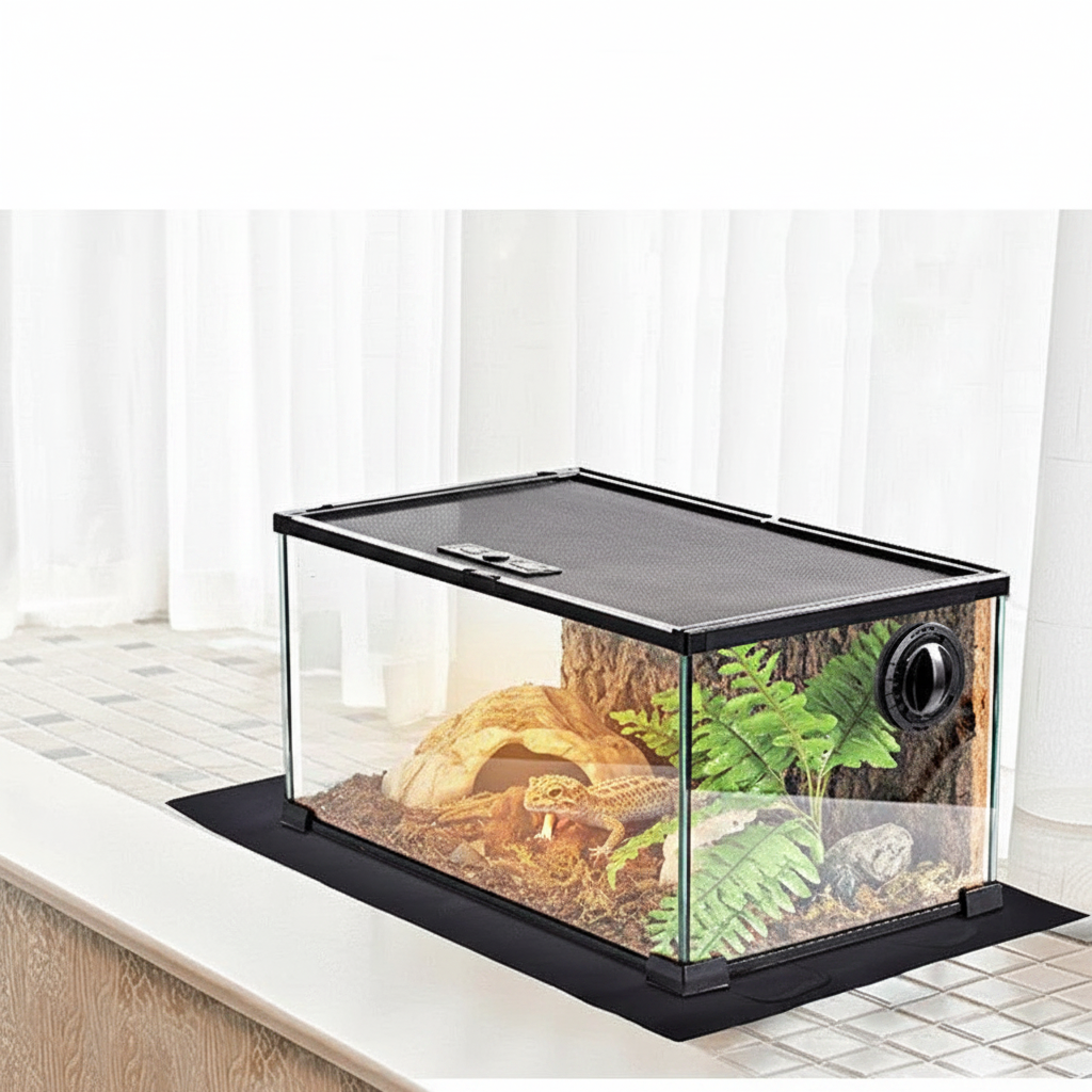 Leopard gecko sitting on black reptile heating mat in terrarium