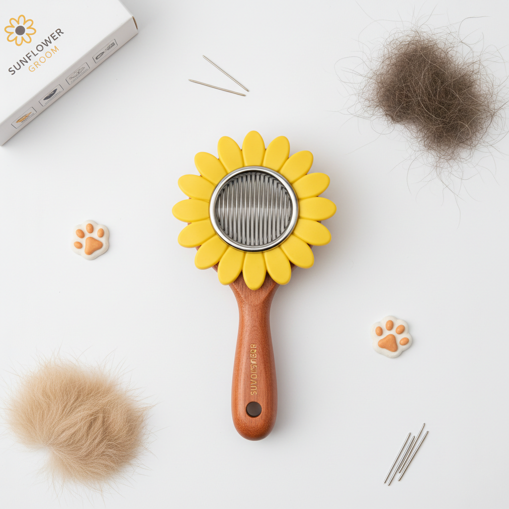 Sunflower pet grooming comb product flat lay