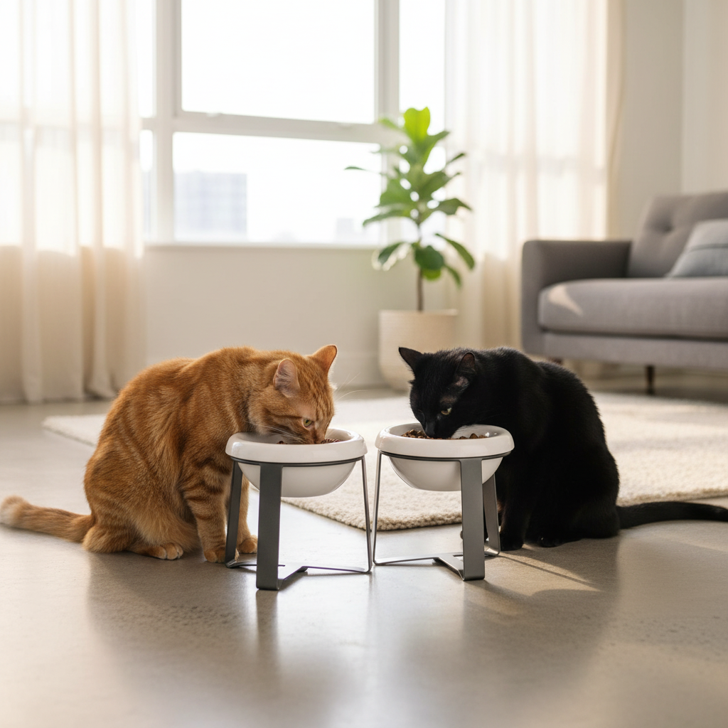 Two cats sharing food from white elevated ceramic bowls