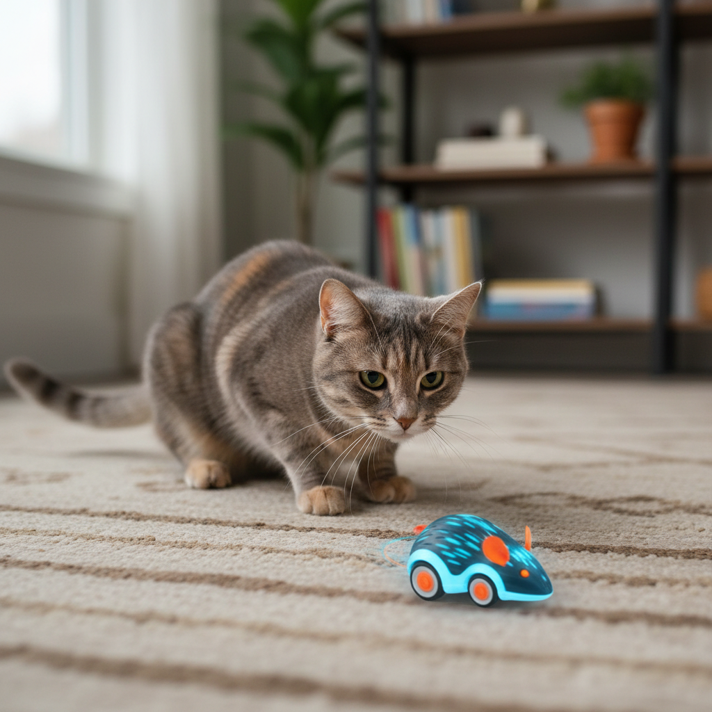 Cat stalking electric mouse toy on carpet