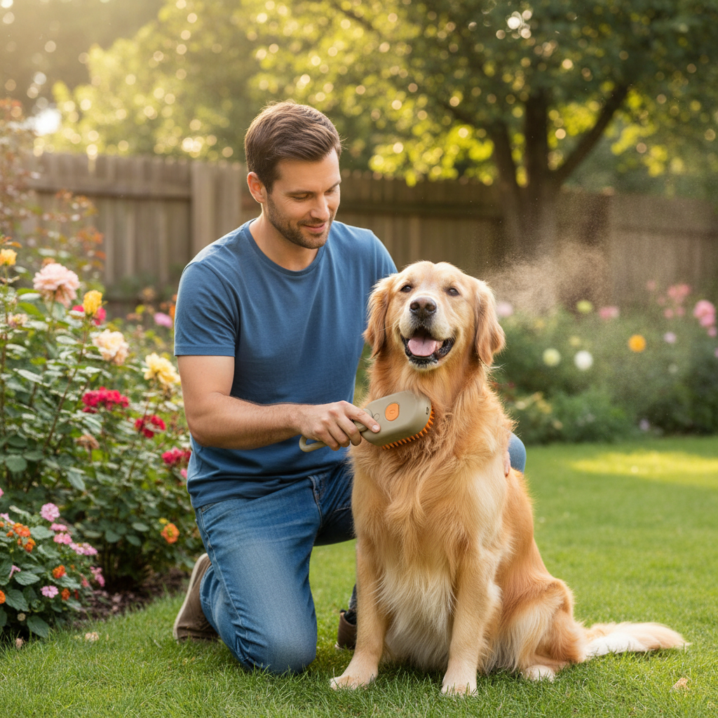 Man brushing a happy golden retriever with an electric steam spray grooming brush