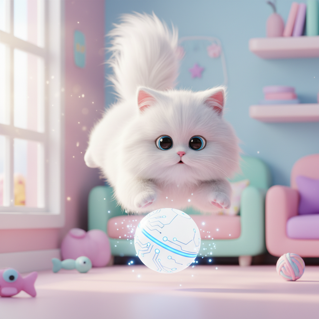 White cat pouncing on glowing smart toy ball 3D cartoon
