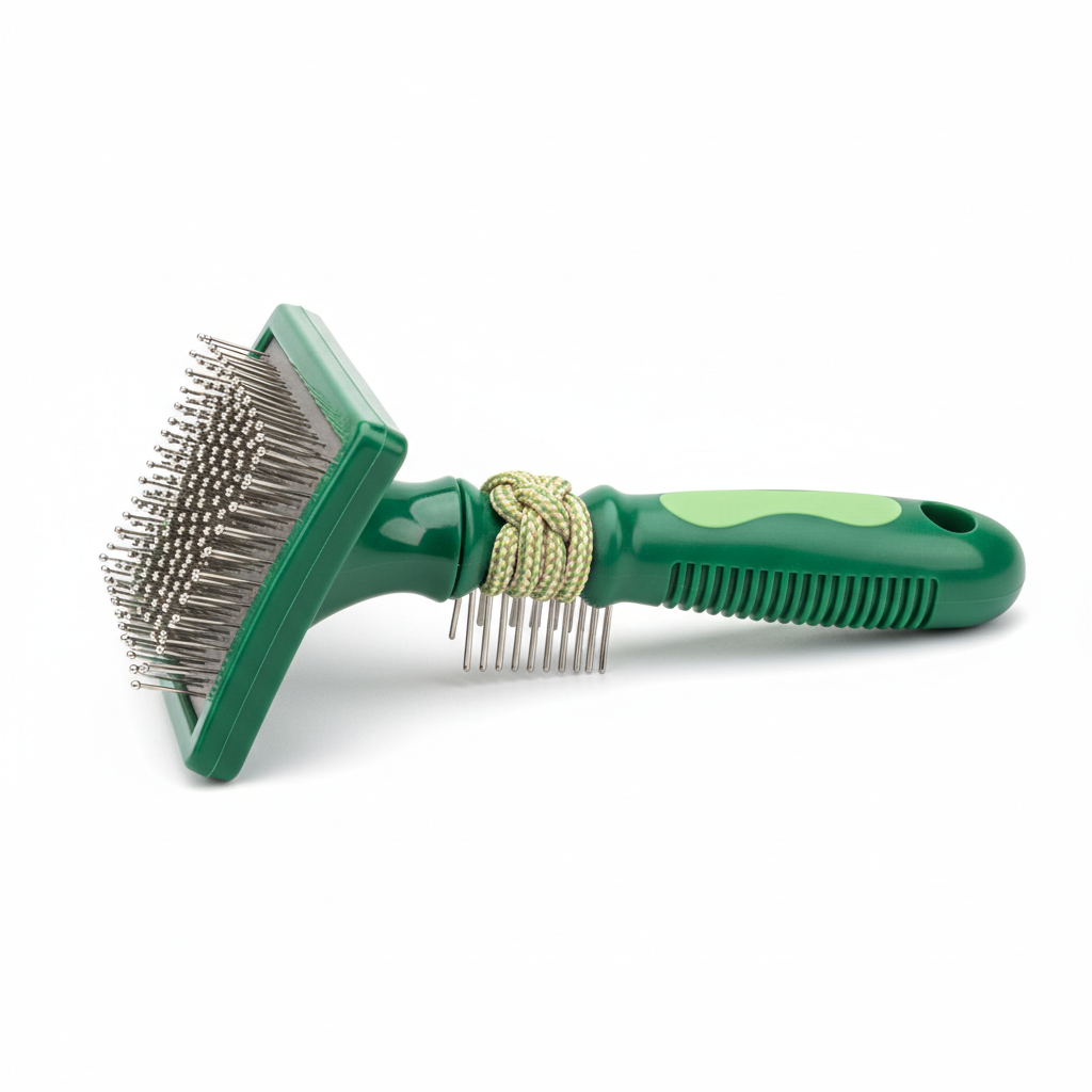 Green double-sided knotted pet grooming comb on white background