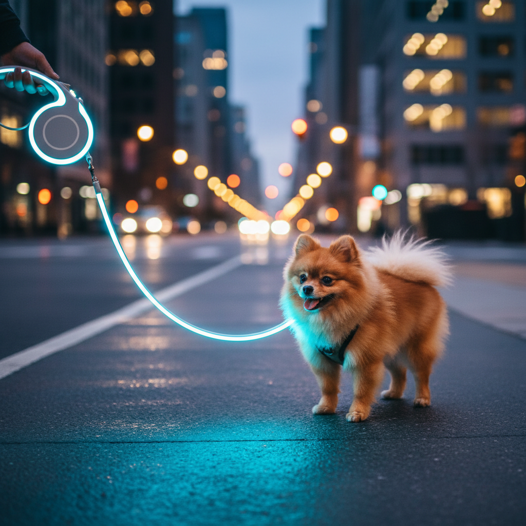 Pomeranian on night walk with glowing LED ring leash