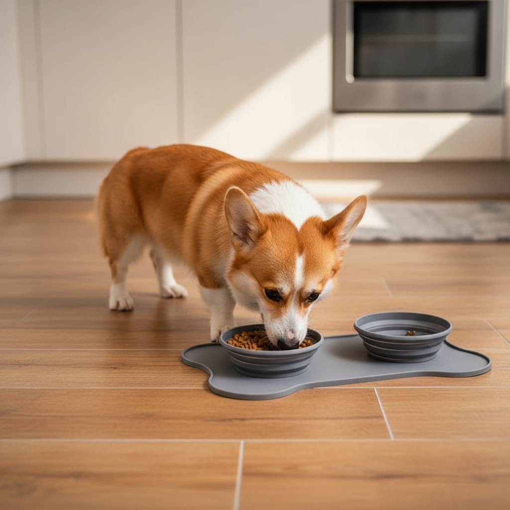 Corgi dog eating from grey silicone double bowl in home kitchen