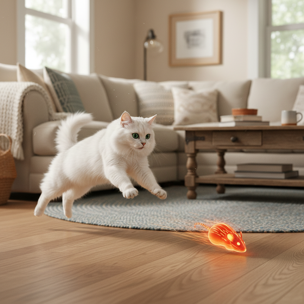 White cat chasing electric mouse toy across living room