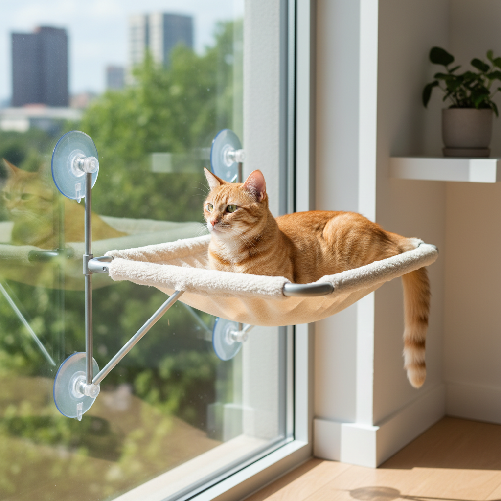 Cat window perch bed with suction cups attached to glass window