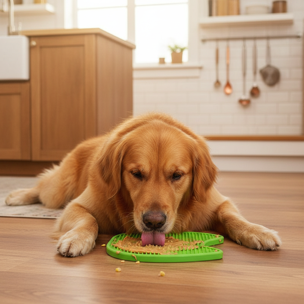 Golden retriever licking peanut butter from a green silicone slow feeder lick mat