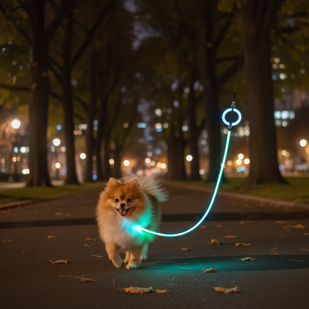 Pomeranian on night walk with glowing LED leash