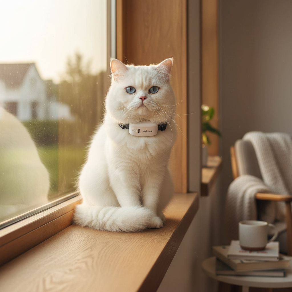 White cat wearing GPS tracker collar on windowsill