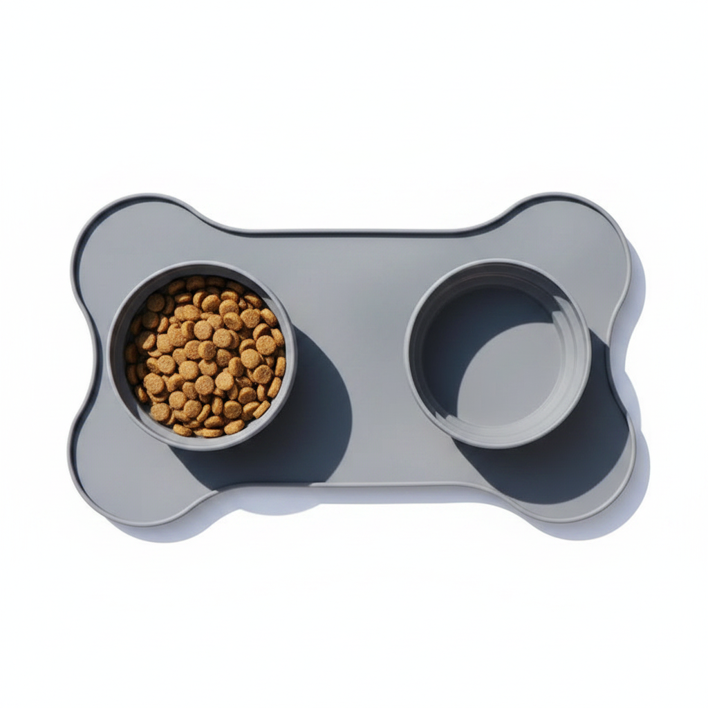 Grey silicone double pet bowl flat lay on white background, studio product shot