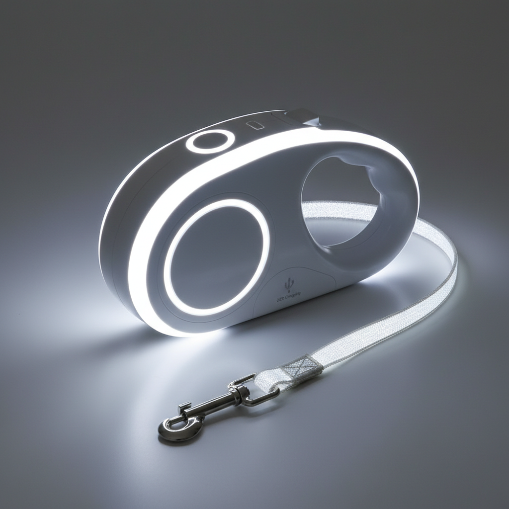 White LED light-up automatic retractable dog leash with USB charging