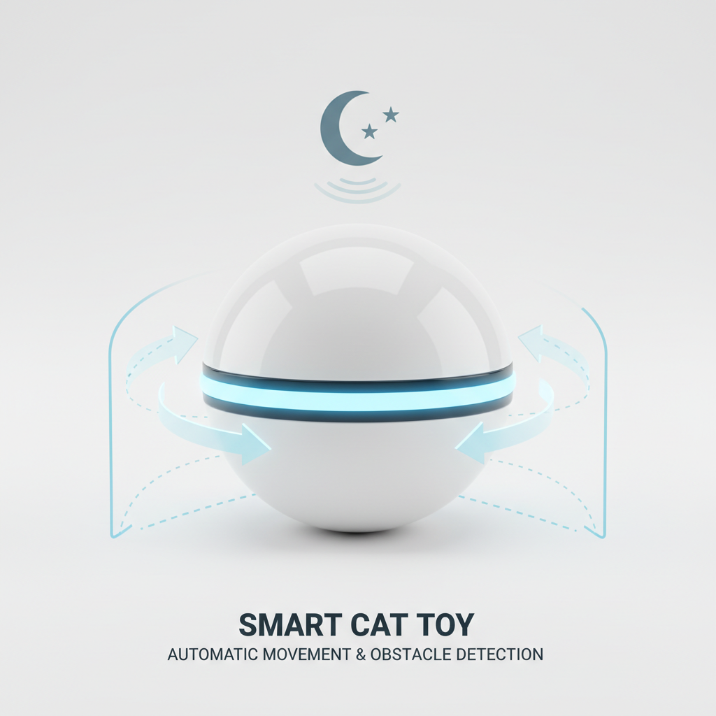 3D infographic of smart cat ball showing obstacle detection features