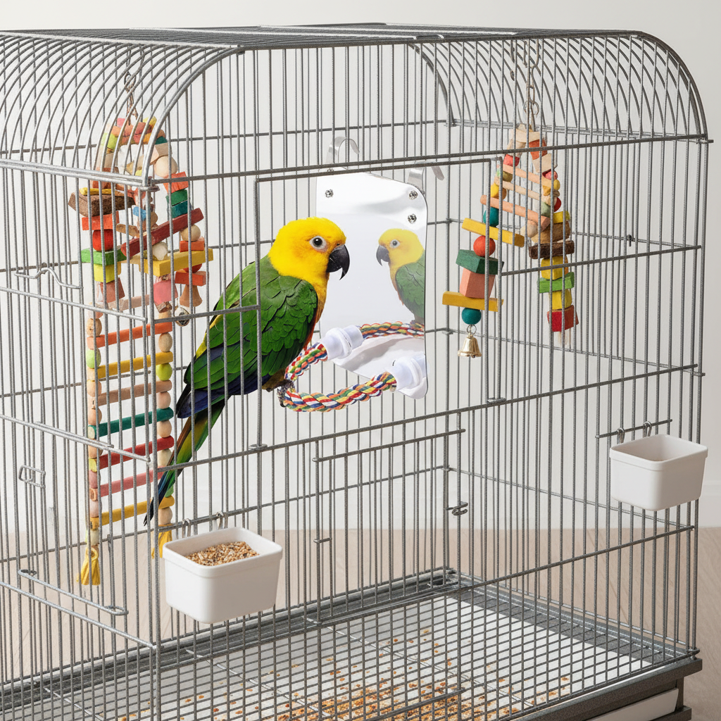 Green and yellow parrot looking at acrylic mirror toy
