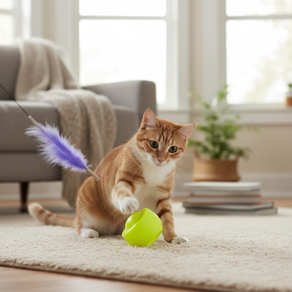Tabby cat pawing at fluorescent yellow tumbler toy