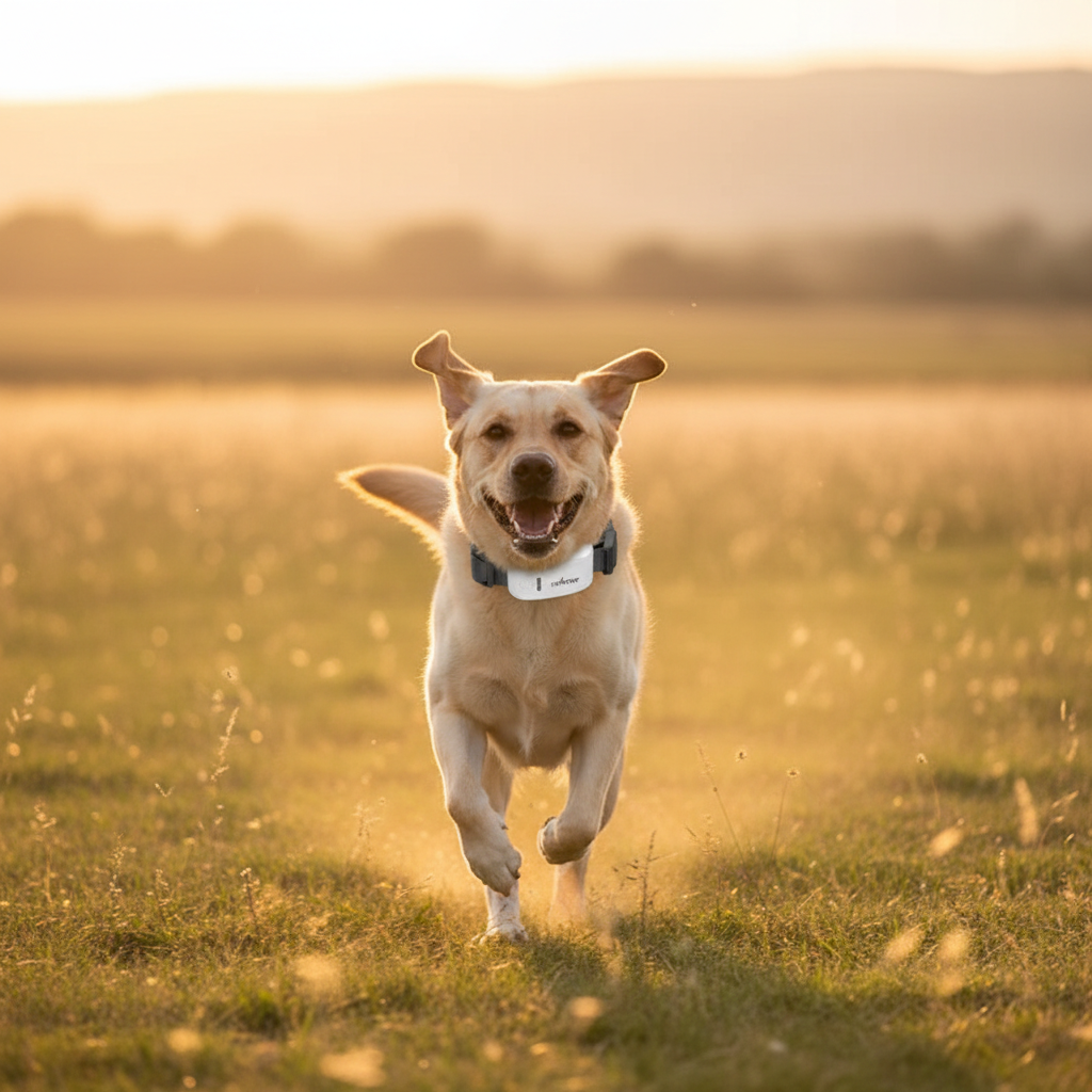 Labrador running with GPS tracker collar