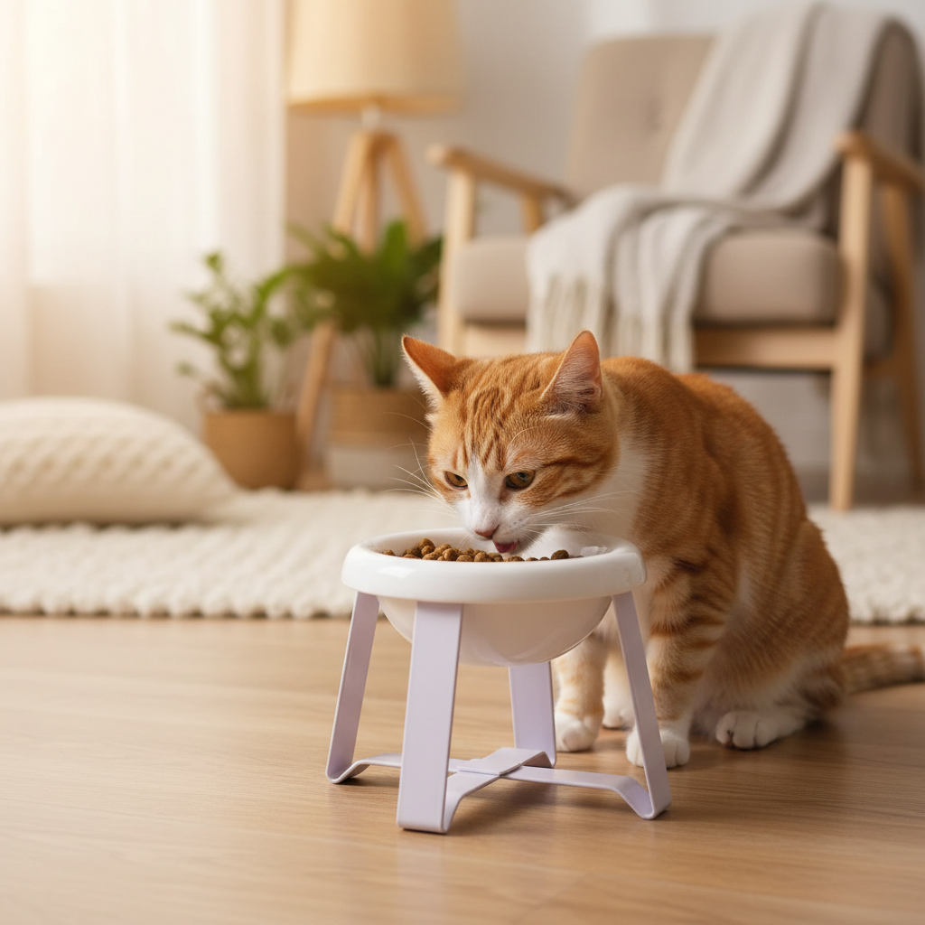 Cat eating dry food from a white elevated ceramic bowl
