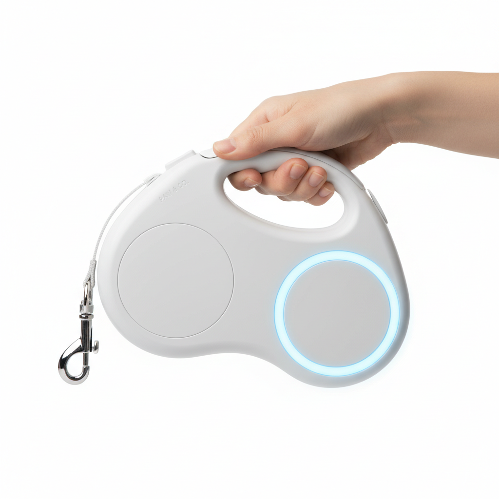 Close-up of hand holding white retractable leash with blue LED