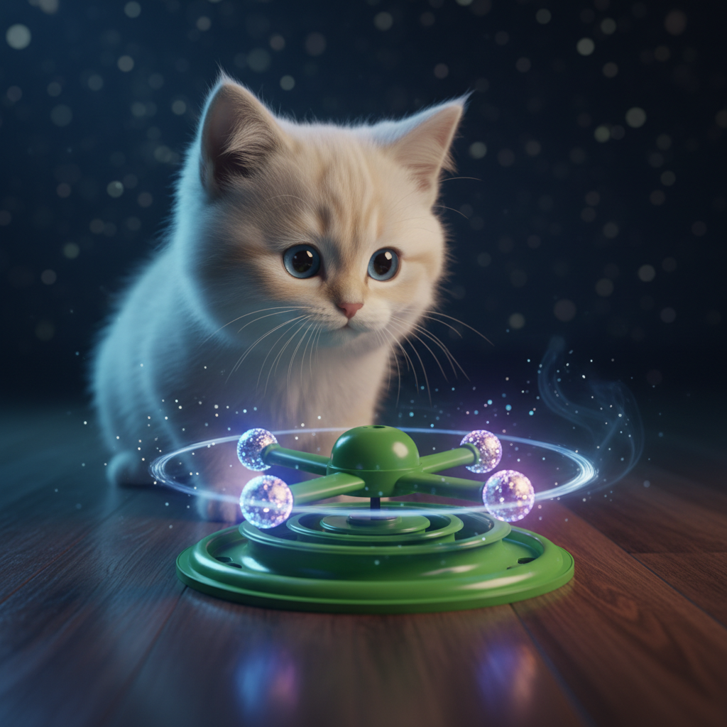 Kitten staring at glowing silver balls on green windmill toy at night