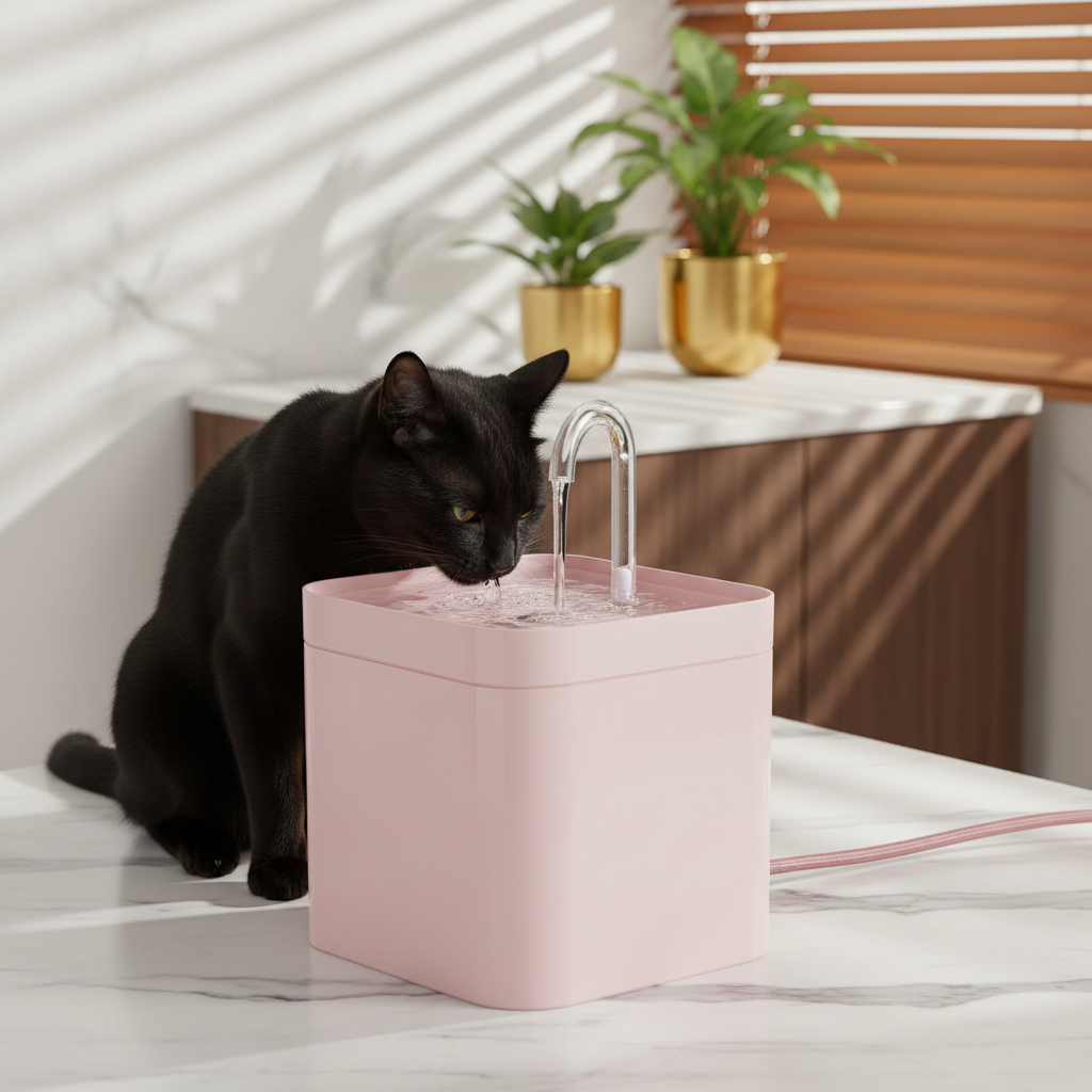 Black cat drinking from pink automatic water fountain