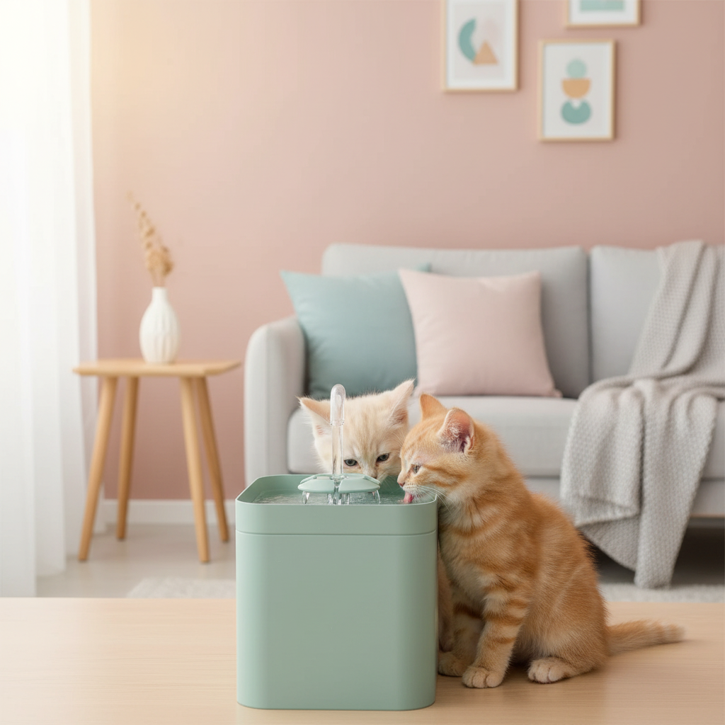 Two kittens drinking from automatic water fountain