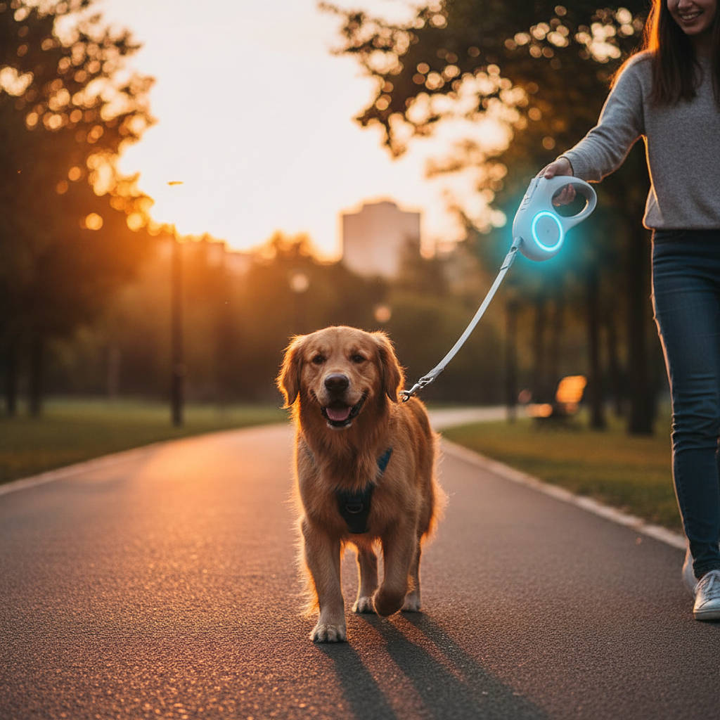 Golden retriever on evening walk with white LED retractable leash