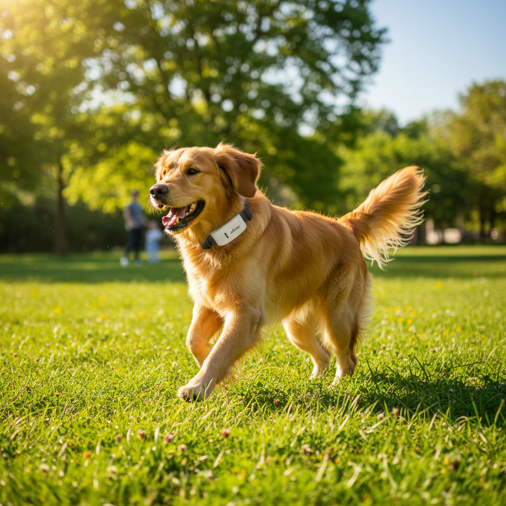 Golden Retriever wearing GPS tracker collar in park