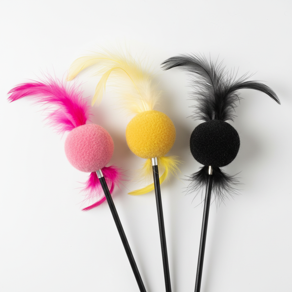 Three colorful cat wand toys flat lay on white surface