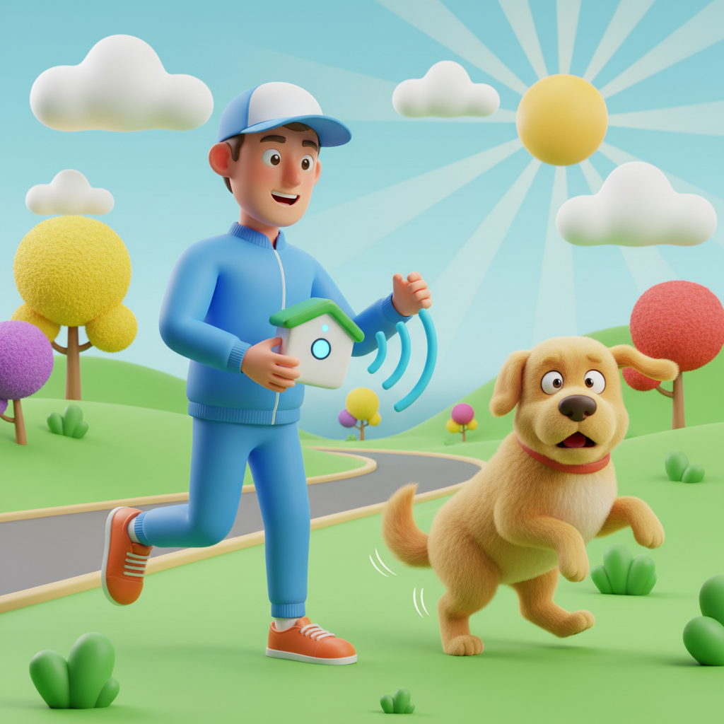 Jogger using ultrasonic repellent device as dog backs away 3D cartoon