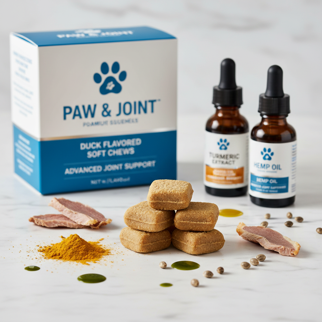 Premium glucosamine soft chews with turmeric and hemp oil on marble surface