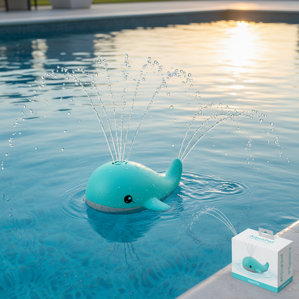 Teal whale water spray toy floating in pool with water jets