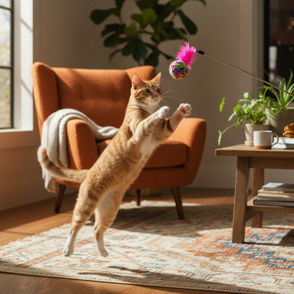 Orange tabby cat leaping for pink feather wool ball wand toy