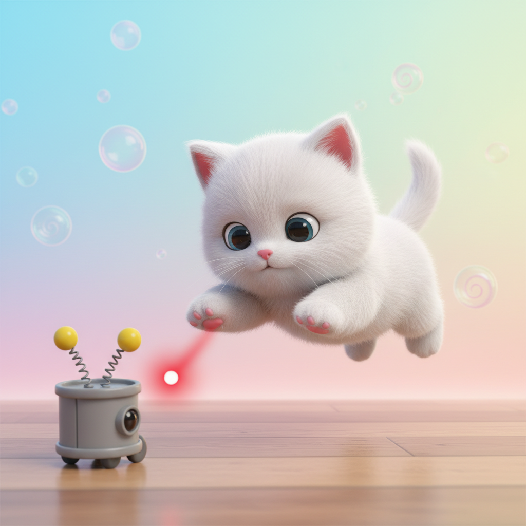 White kitten pouncing on laser dot from robot toy 3D cartoon