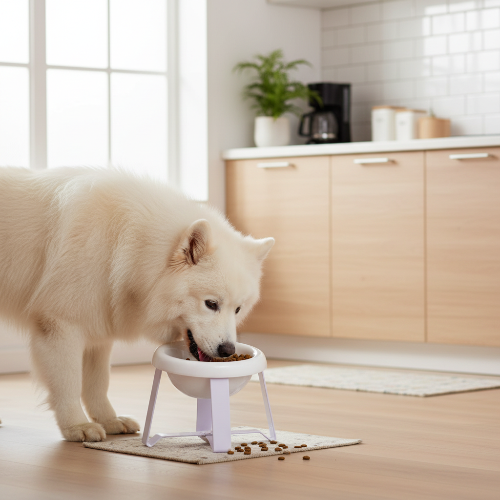 Fluffy dog eating from a white elevated ceramic pet bowl