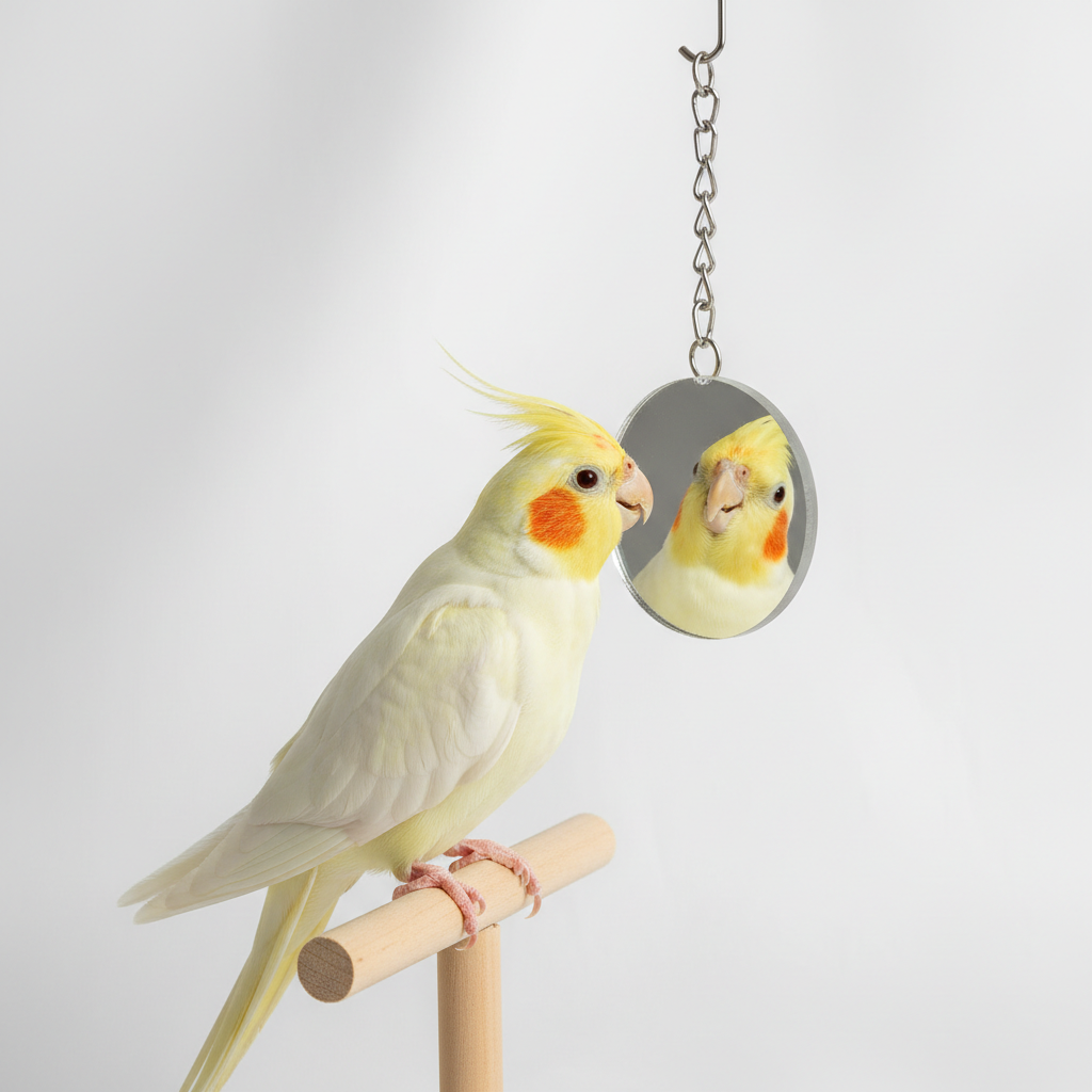 Cockatiel bird interacting with acrylic mirror toy