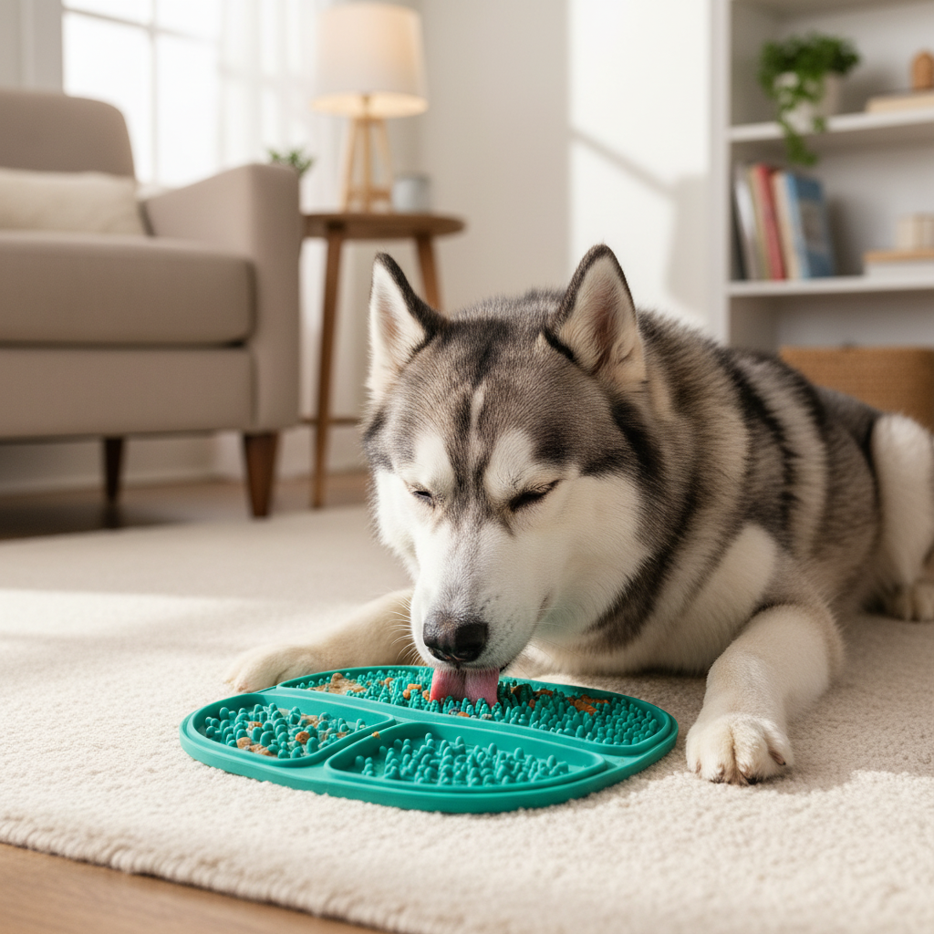 Husky dog calmly licking food from a double-sided teal green silicone slow feeder mat