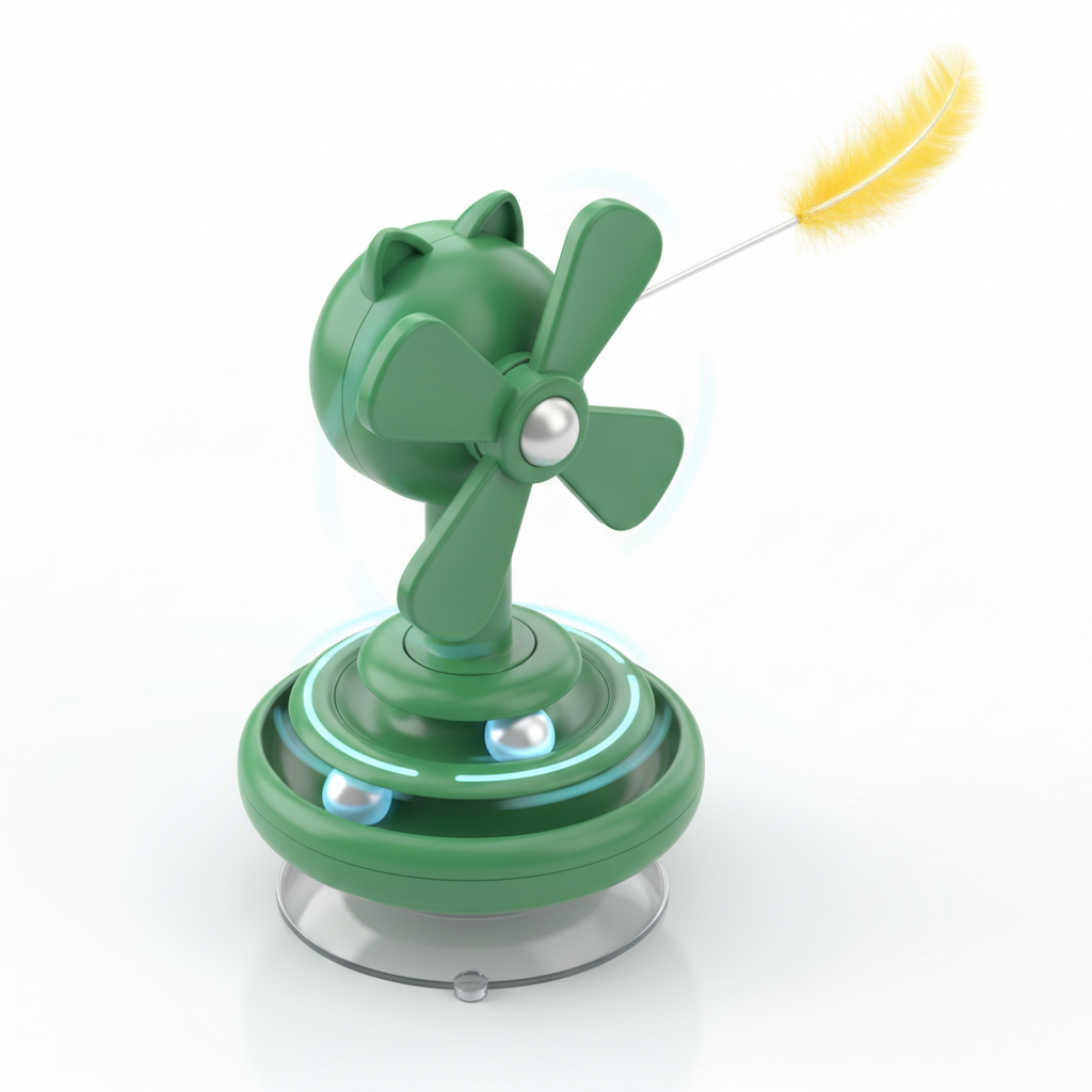 3D isometric render of green cat windmill toy with suction cup base