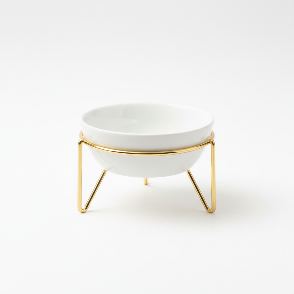 White ceramic pet bowl on gold iron elevated stand
